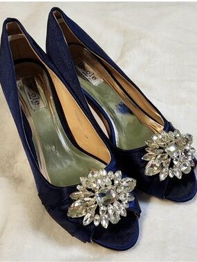 SheSole Navy Blue Peep-Toe Heels with Crystal Embellishments, EUC, Size 7